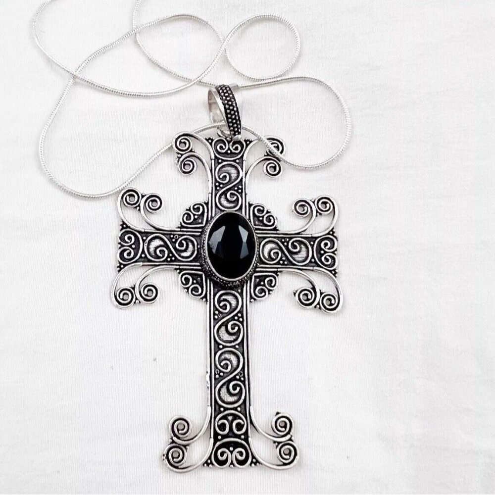 925 Sterling Silver Onyx Cross Necklace Gemstone Womens Jewelry
